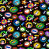 Comic-style dog fabric with colorful cartoon puppies, stars, bones, and woof words on black background