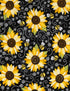 Sunflower and bee chalkboard cotton fabric on black background