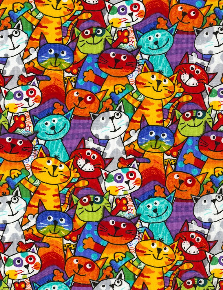 Bright multicolor cartoon cats stacked in a playful pattern on quilting cotton.