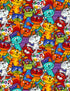 Bright multicolor cartoon cats stacked in a playful pattern on quilting cotton.