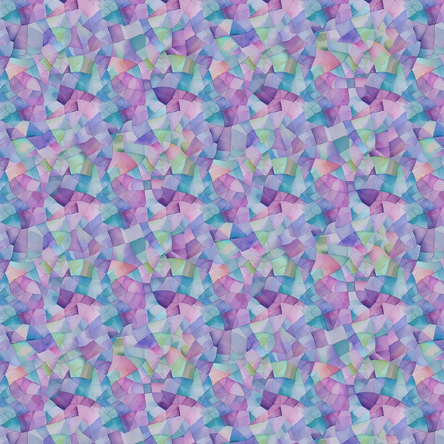 Digital cotton fabric Garden Delight - Geo Shapes by Timeless Treasures featuring pastel geometric mosaic shapes in purple, aqua, pink, and green.