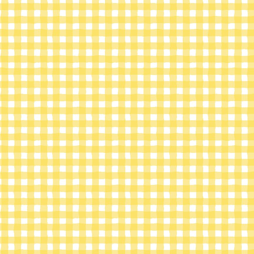 Yellow and white gingham check cotton fabric with soft watercolor texture