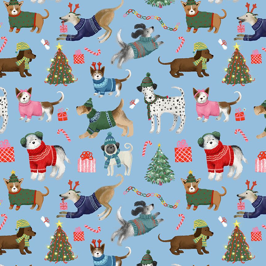 Tossed holiday dogs quilting cotton fabric by Timeless Treasures