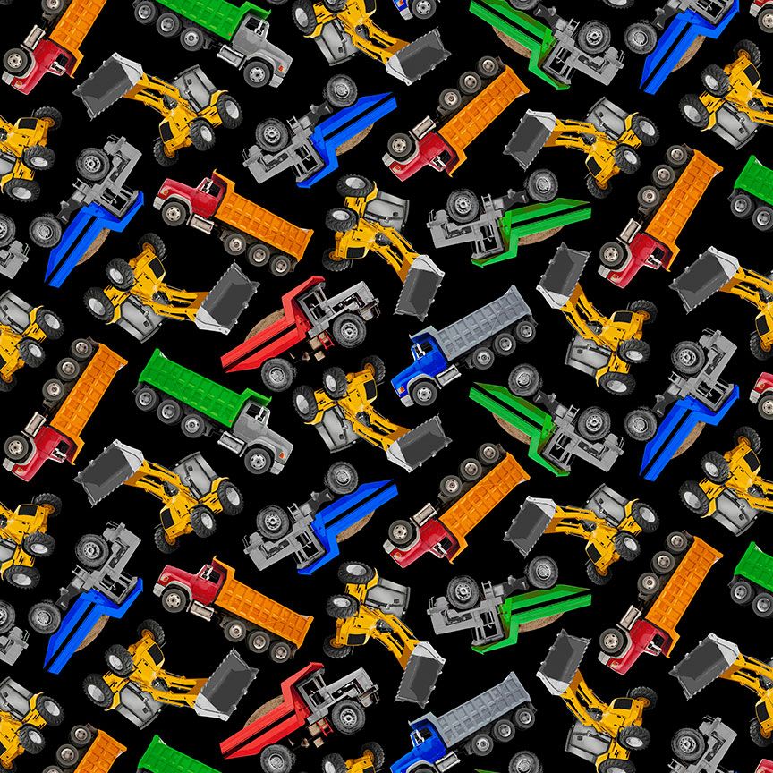 Tossed construction vehicles fabric with colorful dump trucks and loaders on black background.