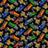 Tossed construction vehicles fabric with colorful dump trucks and loaders on black background.