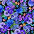 Purple, blue, and lavender wildflower bouquets packed across a black cotton fabric background