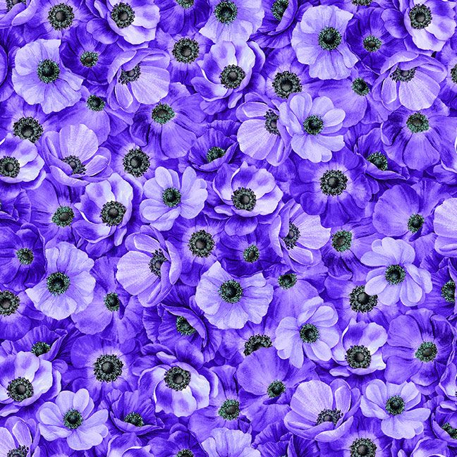 Dense field of purple and lavender anemone flowers packed across a vibrant floral cotton fabric