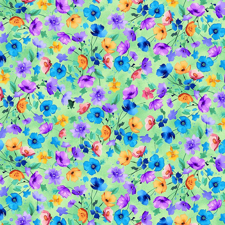 Meadow Bloom Nasturtium Floral Field cotton fabric by Chong-A Hwang for Timeless Treasures with colorful watercolor flowers on a green background