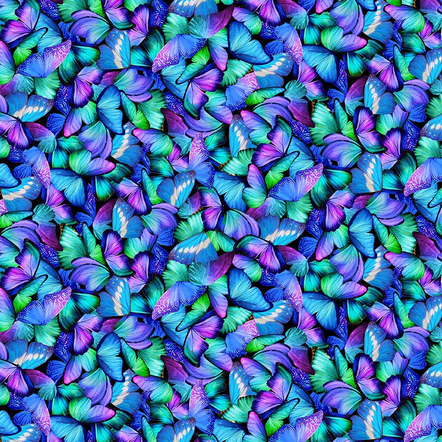 Packed blue, teal, turquoise, and purple butterflies layered across a vibrant cotton fabric background