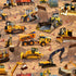 Construction site fabric with bulldozers, excavators, and dump trucks on brown dirt background.