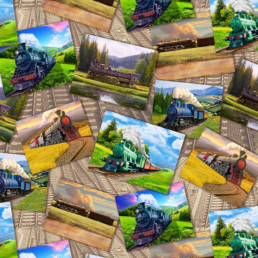 Vintage train postcards scattered on a background of railway tracks, printed on quilting cotton.