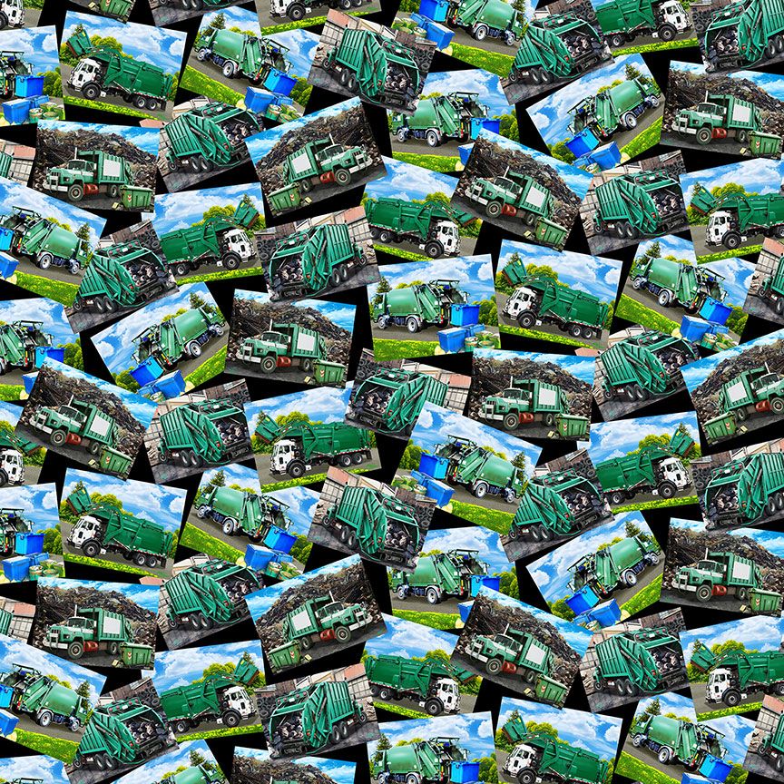 Realistic garbage trucks and sanitation vehicles collage fabric on black background