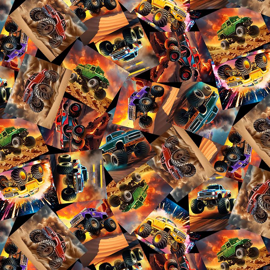 Monster truck fabric with colorful digital illustrations on cotton by Timeless Treasures.