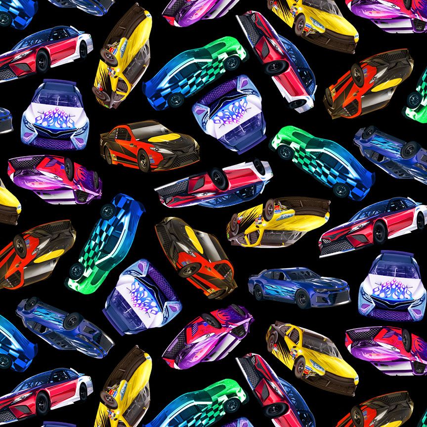 Thrill Seeker race cars fabric with colorful sports cars tossed on a black background by Michael Searle for Timeless Treasures.