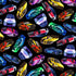 Thrill Seeker race cars fabric with colorful sports cars tossed on a black background by Michael Searle for Timeless Treasures.