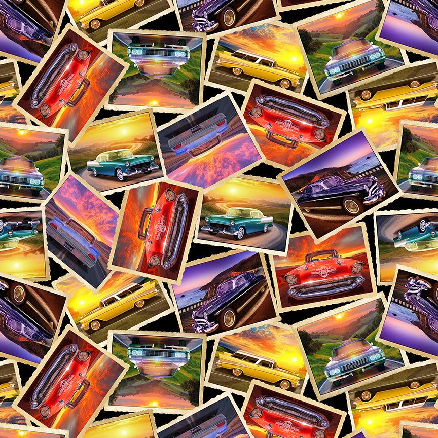 Route 66 fabric featuring vintage postcard-style classic cars on colorful sunset backgrounds by Michael Searle for Timeless Treasures.
