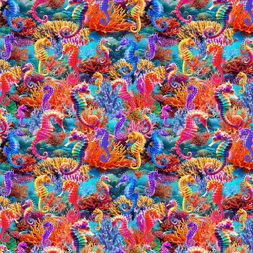 Underwater Paradise Sea Horses fabric featuring colorful seahorses swimming through vibrant coral reefs on premium digital cotton