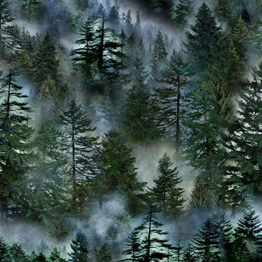 Misty Mountain Evergreen Forest fabric by Timeless Treasures featuring realistic pine trees surrounded by drifting mountain fog in rich woodland green and blue tones on premium digital print cotton fabric.