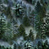 Misty Mountain Evergreen Forest fabric by Timeless Treasures featuring realistic pine trees surrounded by drifting mountain fog in rich woodland green and blue tones on premium digital print cotton fabric.