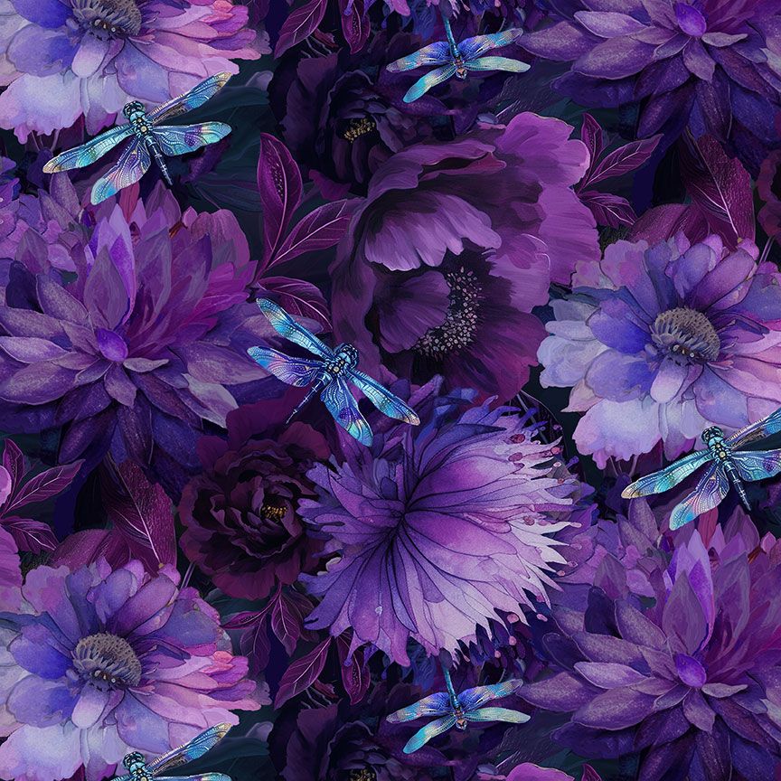 Purple watercolor floral fabric with shimmering dragonflies by Timeless Treasures