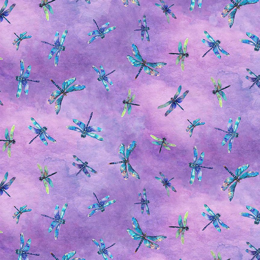 Flying dragonflies on soft lavender watercolor texture cotton fabric by Timeless Treasures