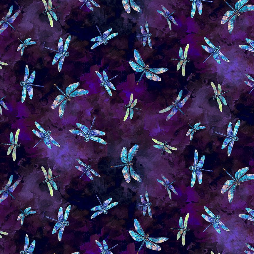 Flying dragonflies on rich purple watercolor texture cotton fabric by Timeless Treasures