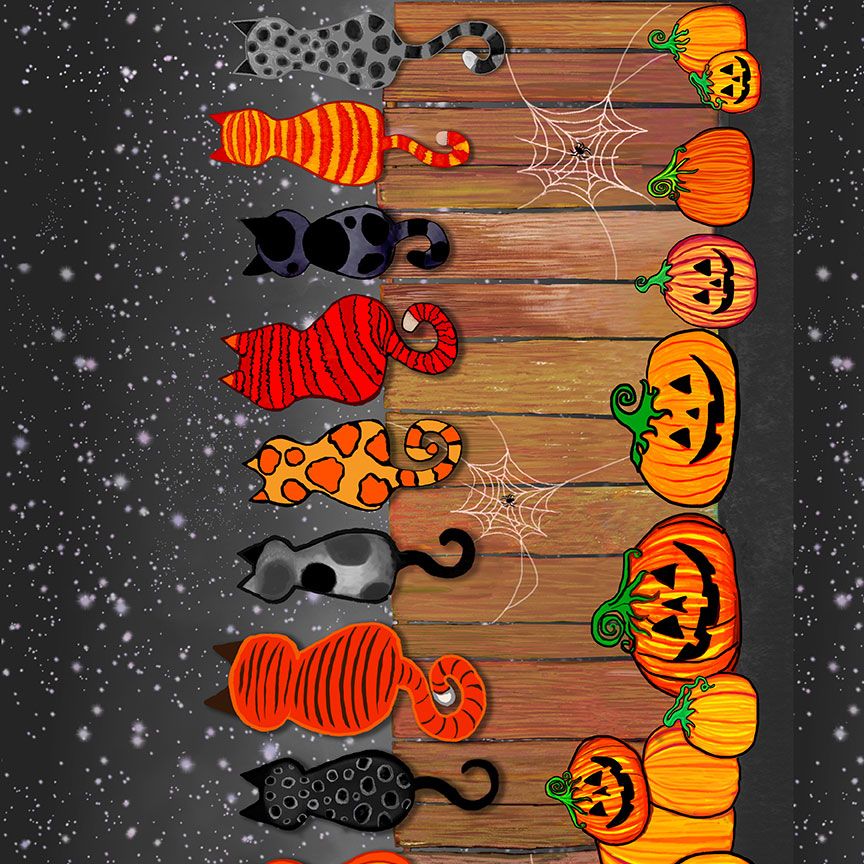 Feline Spooky Cats on Fence cotton fabric by Timeless Treasures featuring colorful Halloween cats, pumpkins, spider webs, and a rustic wooden fence.