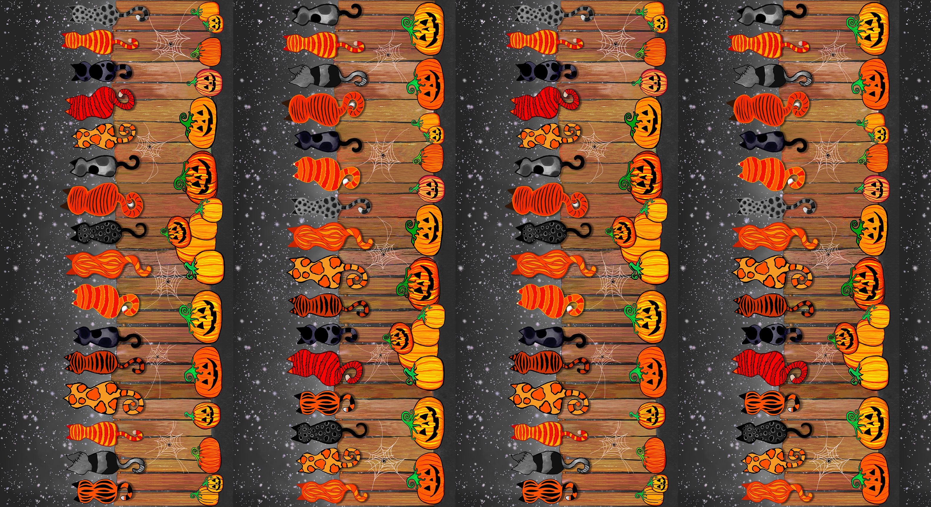 Feline Spooky Cats on Fence cotton fabric by Timeless Treasures featuring colorful Halloween cats, pumpkins, spider webs, and a rustic wooden fence.