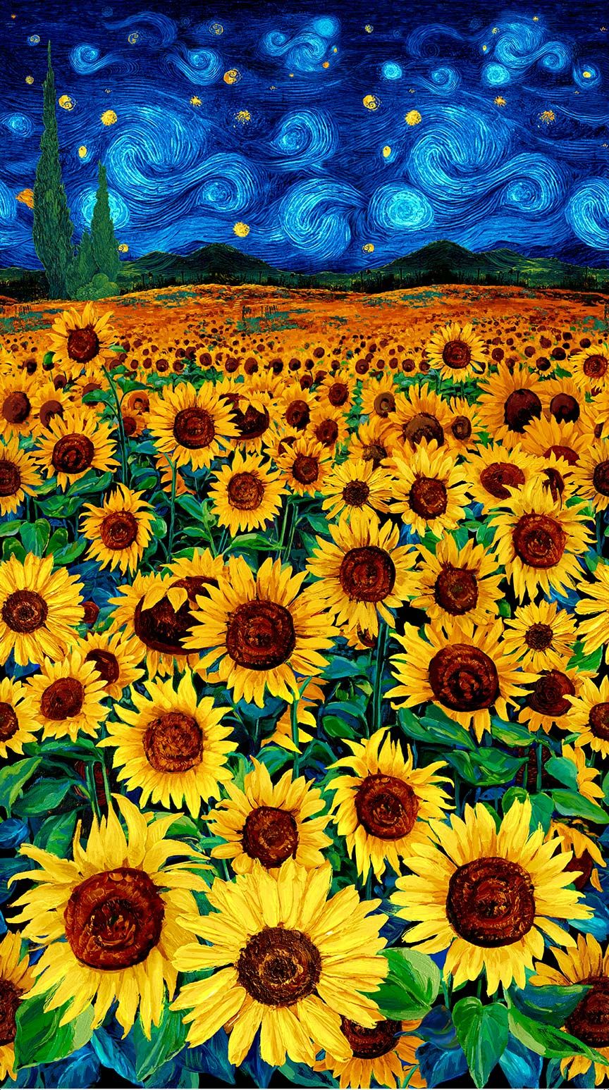 Sunflower Field scenic panel fabric with golden sunflowers and swirling blue night sky by Timeless Treasures