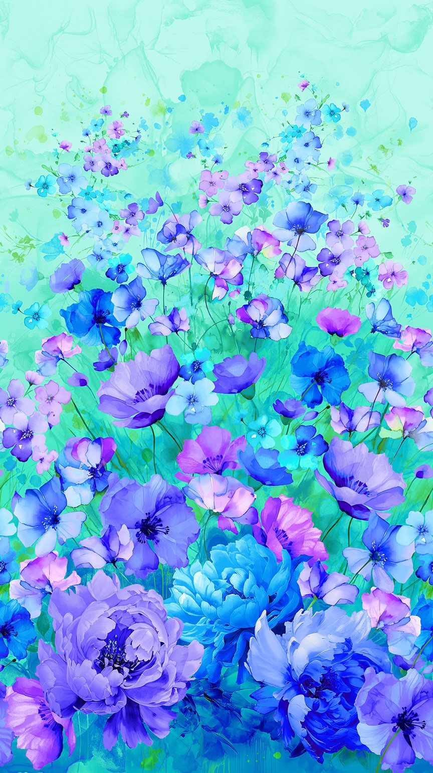Bellagio floral cotton panel in blue, purple, and aqua watercolor flowers
