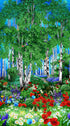Birdwood forest fabric panel with birch trees birds and wildflowers