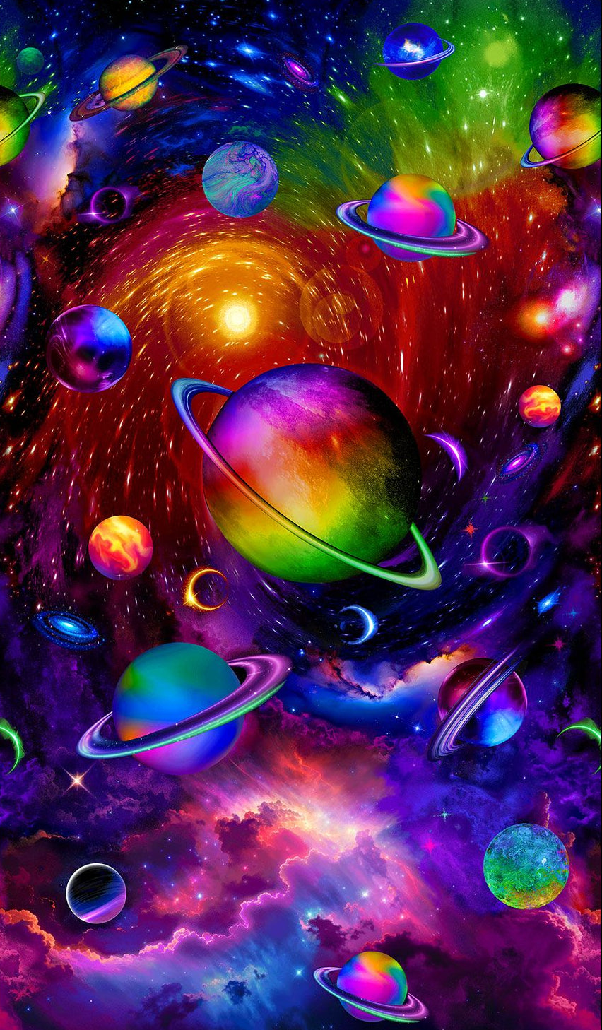 Galaxy Space Panel cotton fabric by Timeless Treasures featuring colorful planets, glowing galaxies, stars, and vibrant cosmic artwork
