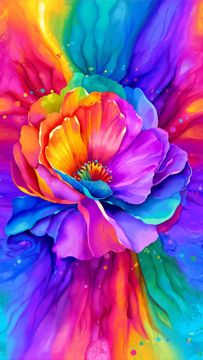 Bright rainbow floral fabric panel featuring an oversized multicolor flower by Chong-A Hwang for Timeless Treasures