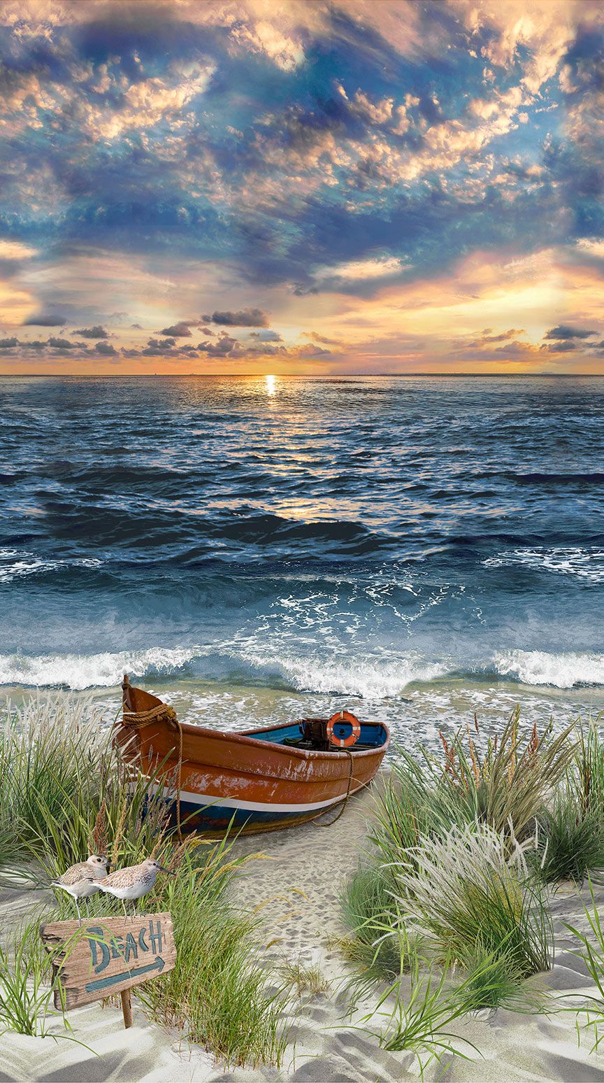 Water's Edge Coastal Beach Panel fabric by Chong-A Hwang for Timeless Treasures featuring an ocean sunset, sandy beach, rowboat, shorebirds, and coastal scenery in a detailed digital print cotton panel.
