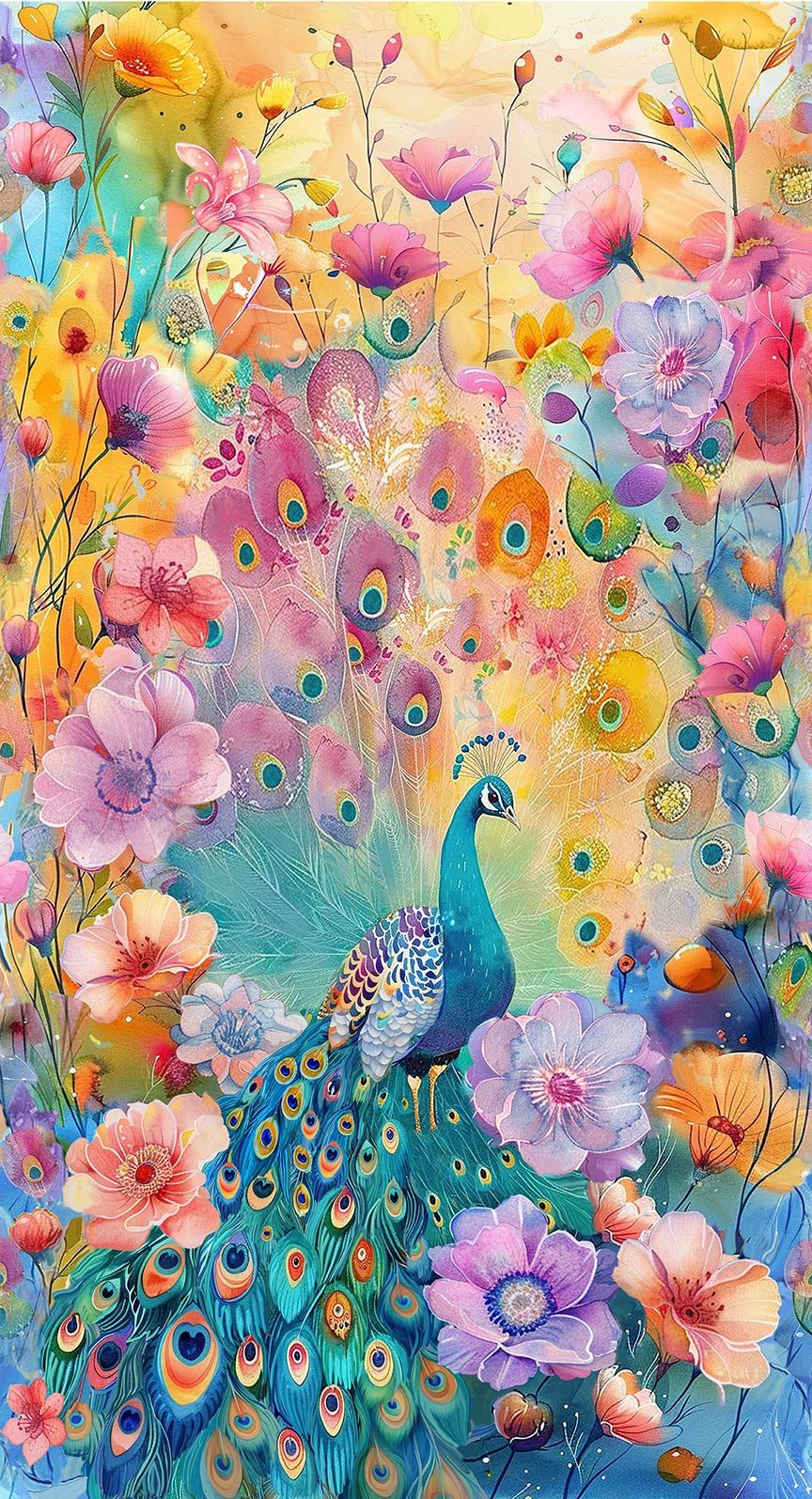 Peacock Floral Panel fabric by Timeless Treasures featuring a majestic peacock surrounded by watercolor flowers, botanical elements, and colorful peacock feathers in vibrant jewel-tone and pastel colors.