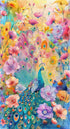 Peacock Floral Panel fabric by Timeless Treasures featuring a majestic peacock surrounded by watercolor flowers, botanical elements, and colorful peacock feathers in vibrant jewel-tone and pastel colors.