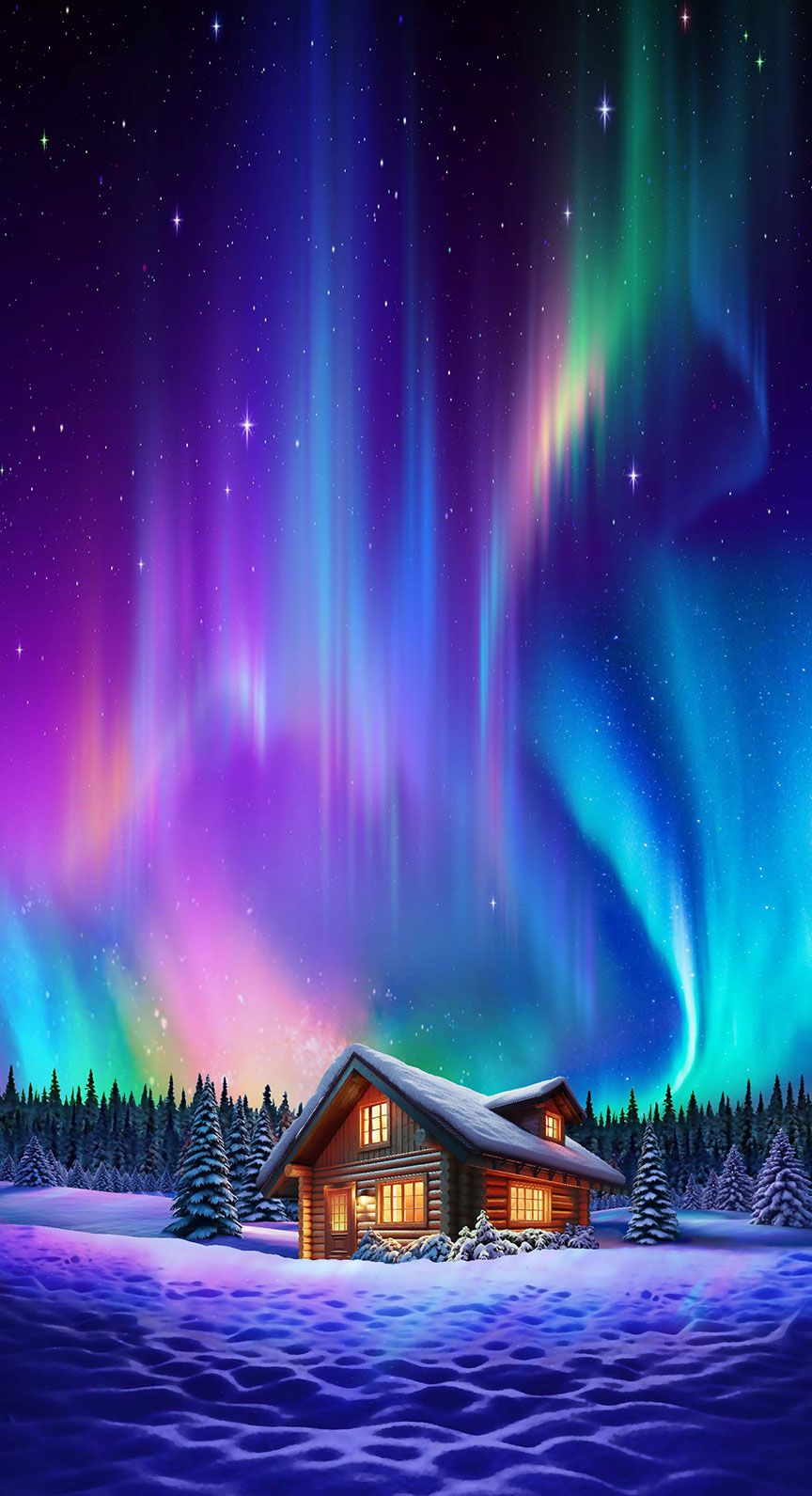Aurora Northern Light Cabin cotton fabric by Timeless Treasures featuring a cozy log cabin beneath colorful Northern Lights in a snowy forest.