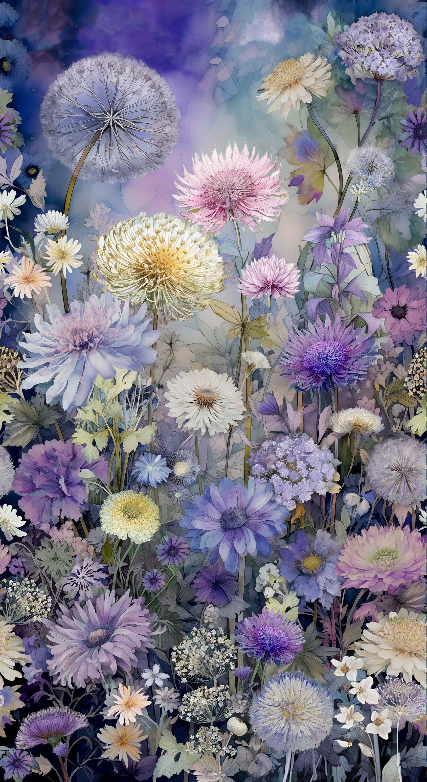 Mystic Meadow digital floral panel fabric featuring a stunning wildflower garden with lavender, lilac, ivory, and blush blooms by Timeless Treasures.