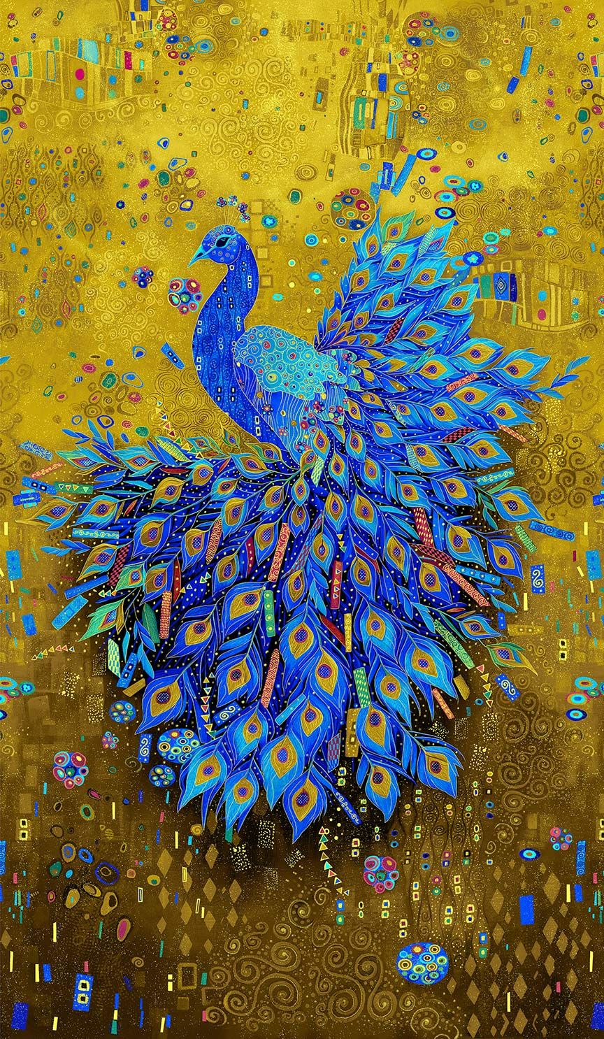 Gilded Plume Metallic Panel by Chong-A Hwang for Timeless Treasures – peacock feather panel with gold metallic accents.