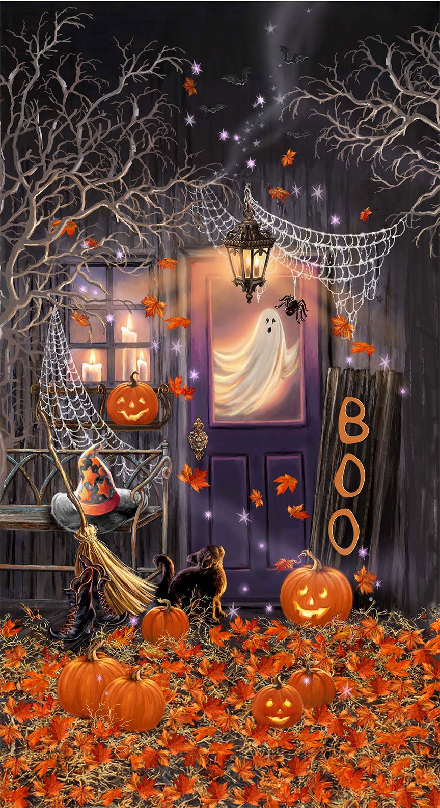 Fright Night Haunted House fabric panel by Dona Gelsinger for Timeless Treasures featuring a haunted porch, ghost, glowing pumpkins, spider webs, black cat, and Halloween décor.