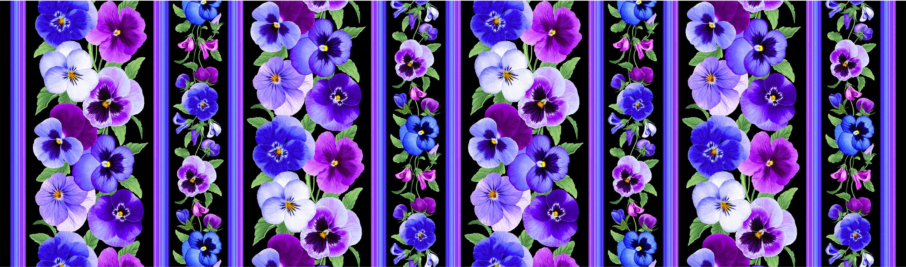 Digital cotton fabric Pansy Perfection - Pansy 11" Stripe by Chong-A Hwong for Timeless Treasures featuring purple, violet, and blue pansies with coordinating stripe borders on a black background.