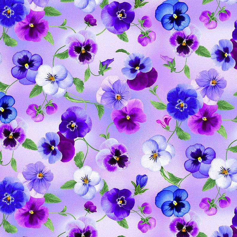 Digital cotton fabric Garden Delight - Pansy Bouquet Lilac by Timeless Treasures featuring purple, violet, blue, and white pansy blossoms on a lilac background.