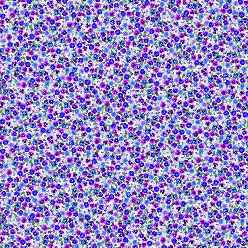 Pansy Perfection Tiny Pansy Floral Multi Fabric by Timeless Treasures – small scattered purple, violet, and blue pansies with green leaves on cotton fabric.