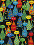 Colorful whimsical cat print cotton fabric on black background