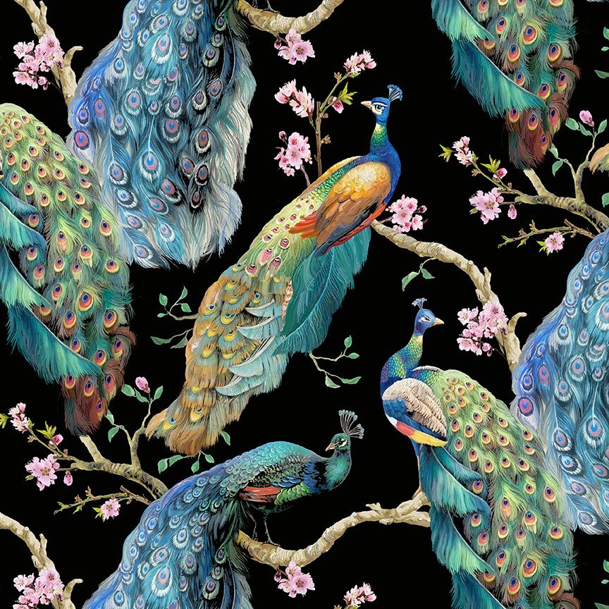 Flourish – Elegant Peacock on Branches on Black Fabric by Timeless Treasures – bold peacock print on black cotton.