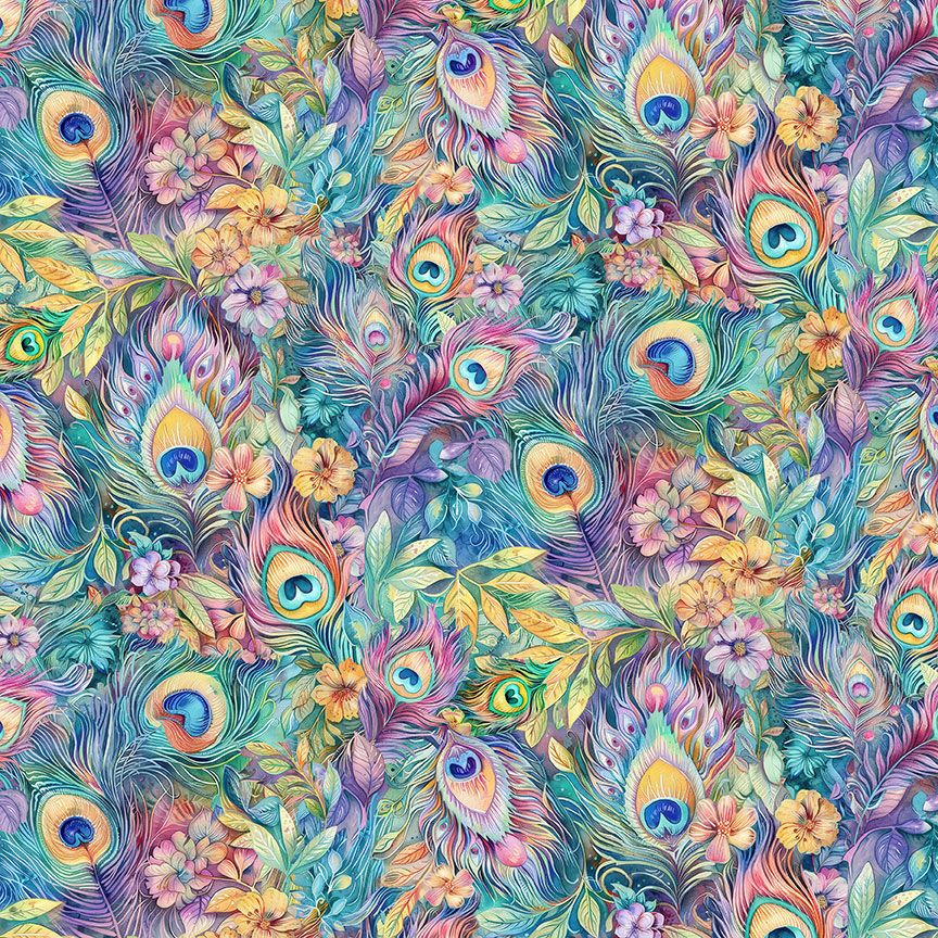 Fantasy Plumes and Floral fabric by Timeless Treasures featuring colorful peacock feathers, pastel flowers, botanical foliage, and vibrant watercolor tones on premium cotton fabric.