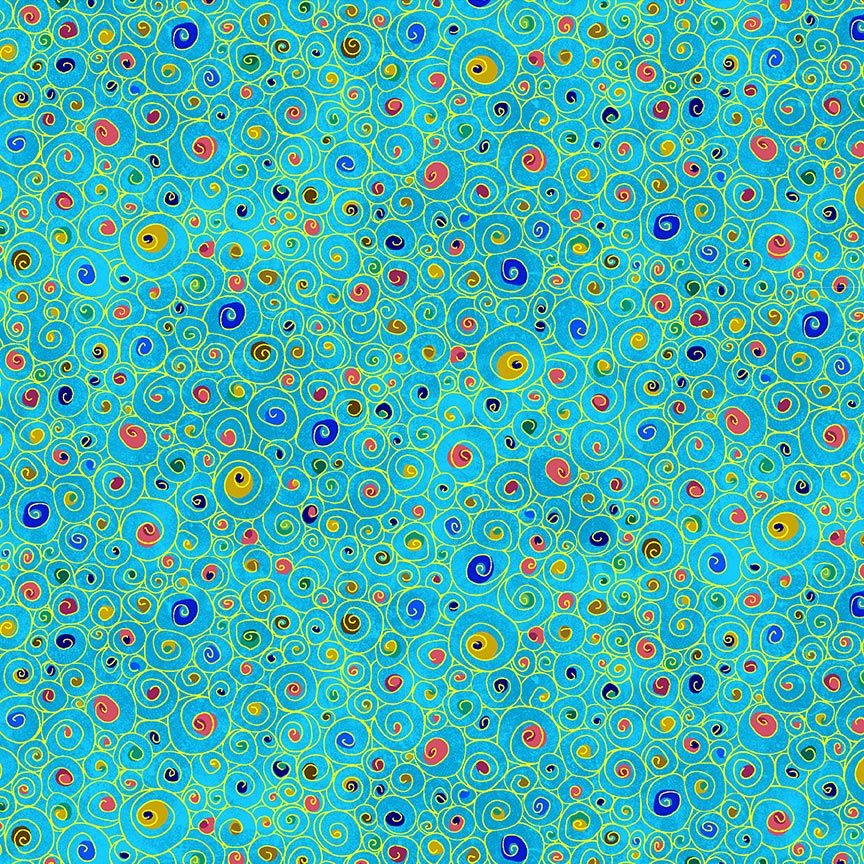 Gilded Plume Circle Swirls Metallic fabric by Chong-A Hwang for Timeless Treasures featuring swirling circles with shimmering gold accents.