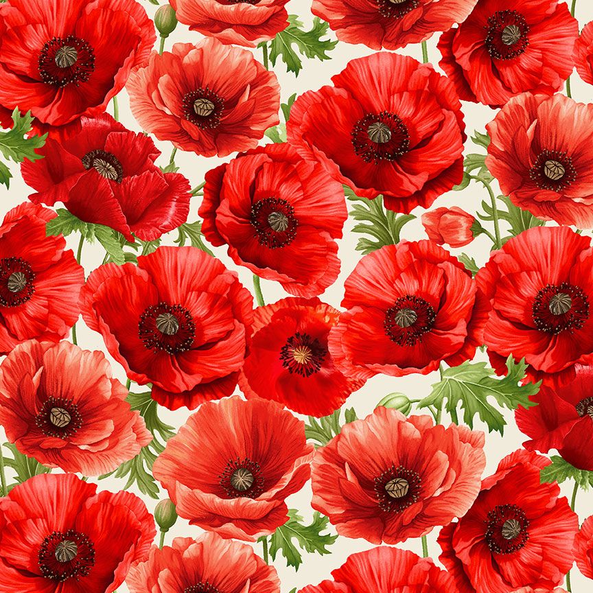 Large red poppy flowers with green leaves on a cream cotton fabric background.