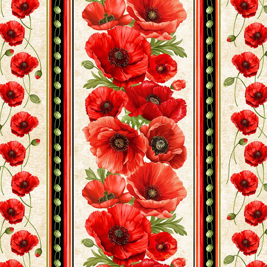 Red poppy floral 11-inch stripe quilting cotton on beige background by Timeless Treasures.