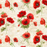 Red poppy flowers with green leaves over a cream background with vintage script and botanical text.